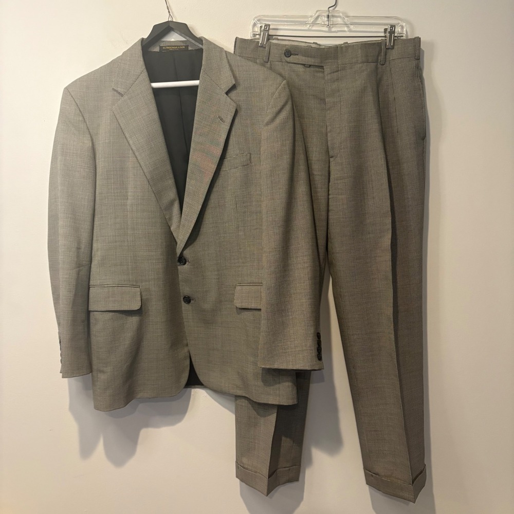 Vtg H Freeman & Son Men's‎ Suit Jacket & Pants Set Houndstooth Wool Made USA